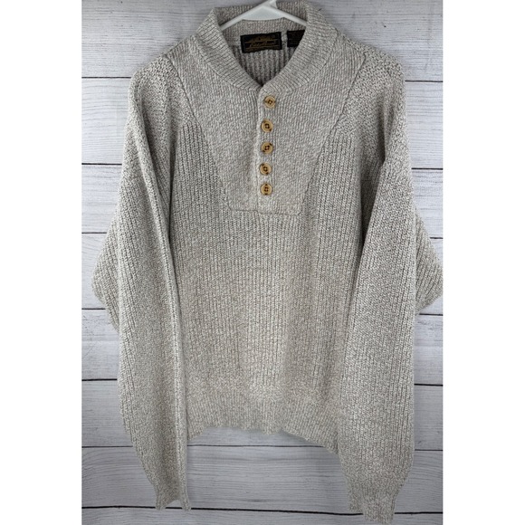 Eddie Bauer Other - Eddie Bauer VTG Mens Large Henley Sweater Oatmeal Cotton Chunky Knit Mock Neck